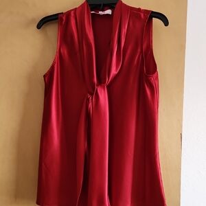 Sleeveless Red Satin Tie-Neck Blouse